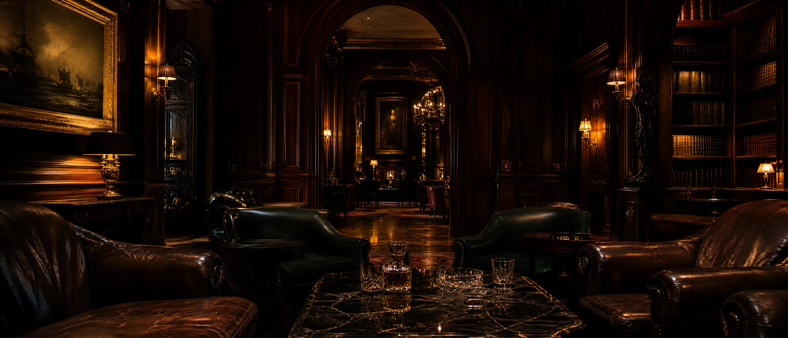 Private members club interior at dusk