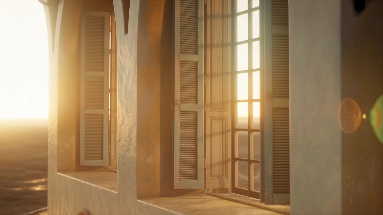 Sunlight through shutters casting warm patterns on aged plaster walls