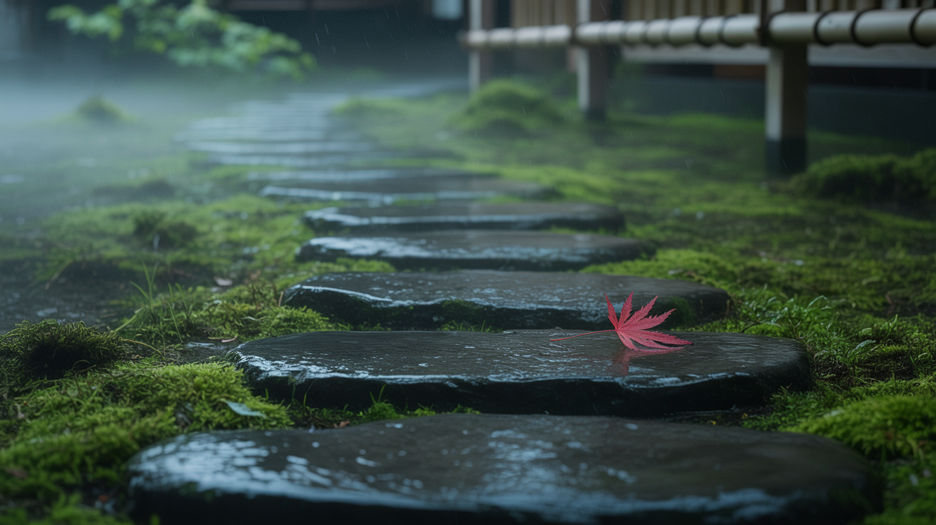 Mossy Zen garden path after rain, single red maple leaf on dark wet stone
