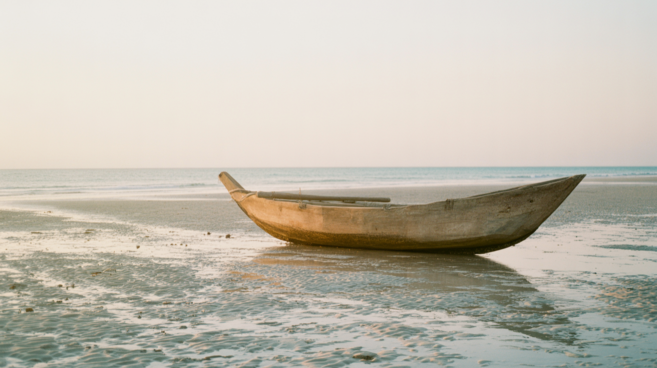 Traditional wooden dhow boat resting on wet sand at low tide, Indian Ocean in the distance