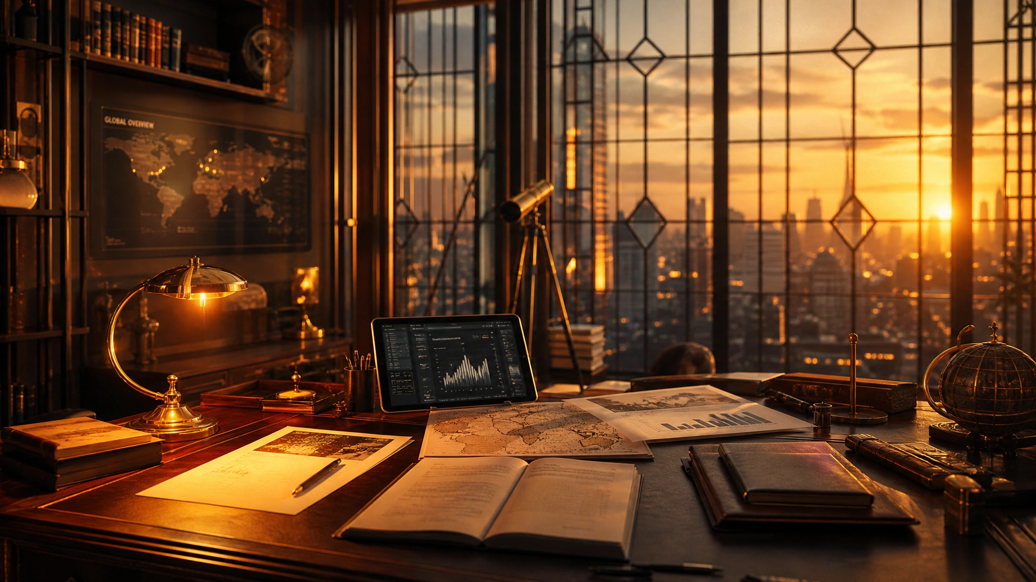 Private study with warm light streaming through architectural glass, papers and journals on walnut desk