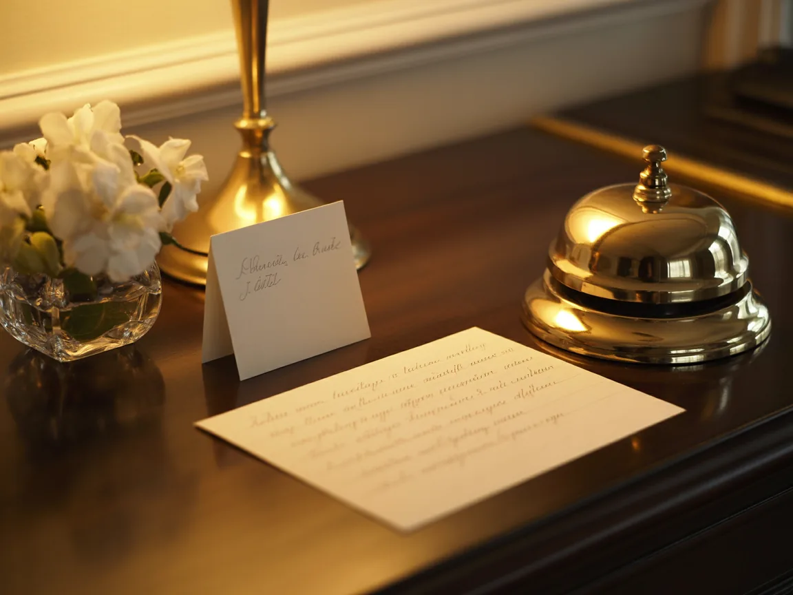 A quiet hotel reception desk with a single lamp.