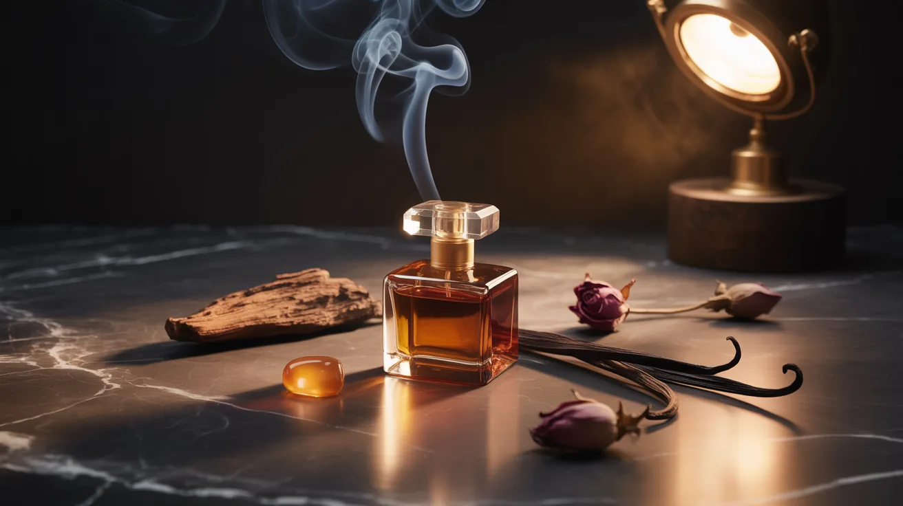 Amber perfume bottles among dried botanicals and morning light