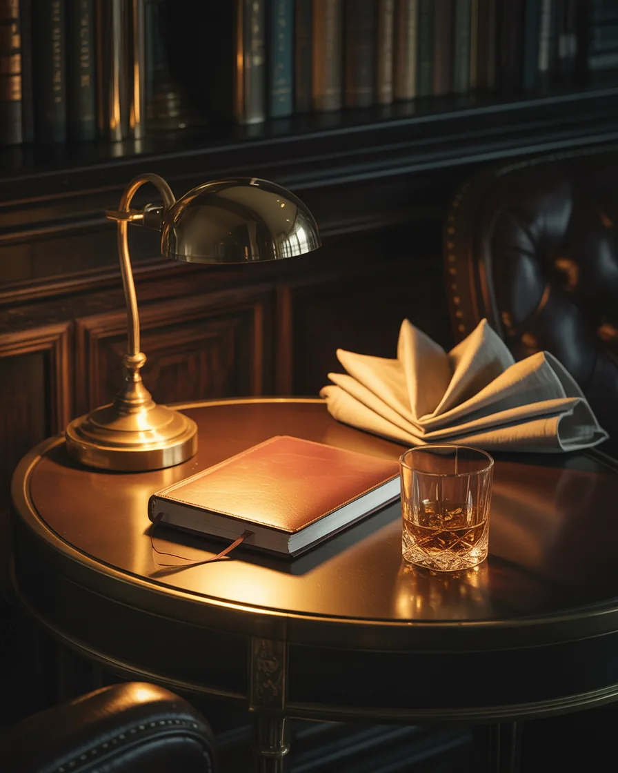 A dimly lit private library at night — leather journal, crystal, brass lamp