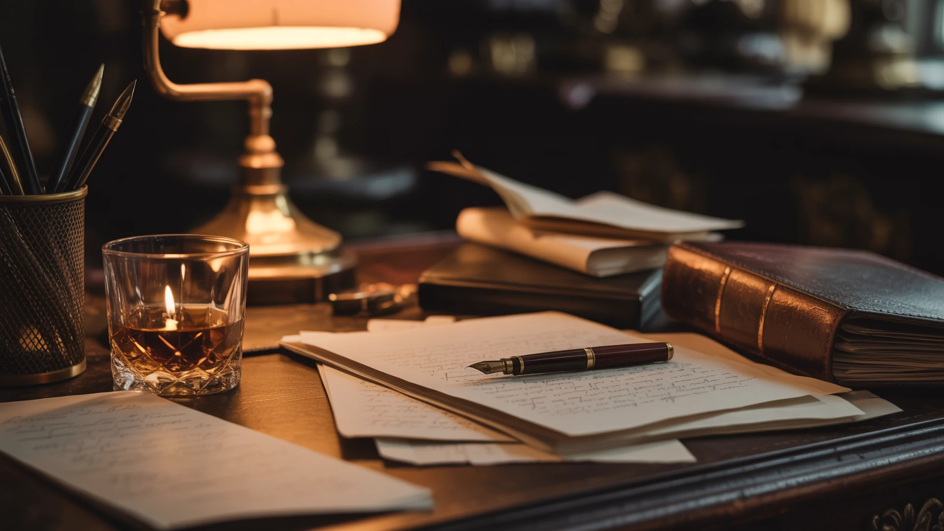 Writer's desk at night — fountain pen, candlelight, scattered pages
