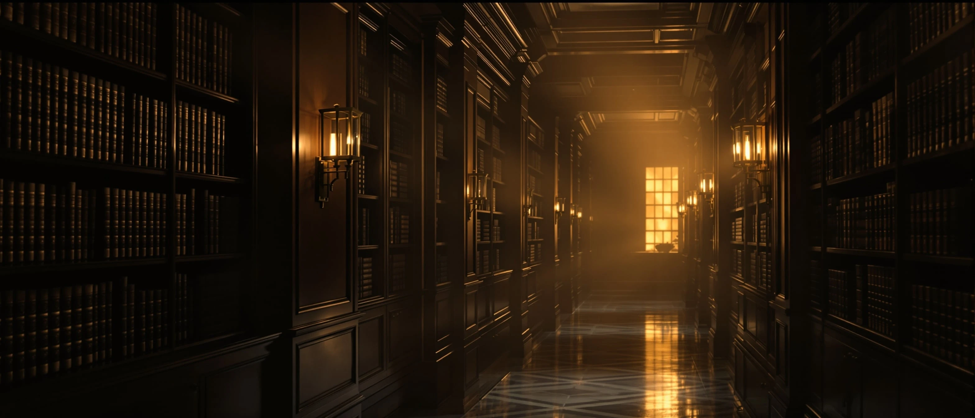 Long dark corridor in a private club with bookshelves and warm light at the end