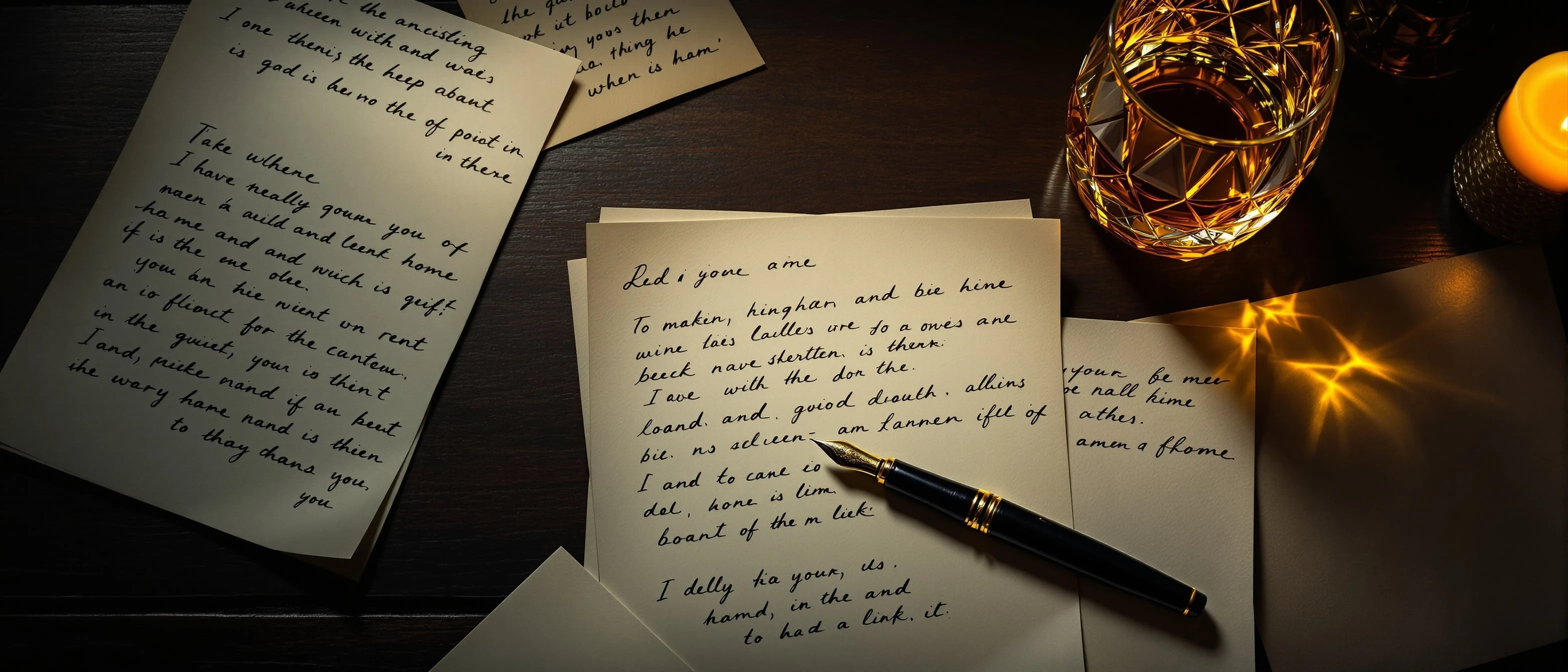 Dark wooden desk with handwritten letters, fountain pen, and amber whiskey in candlelight