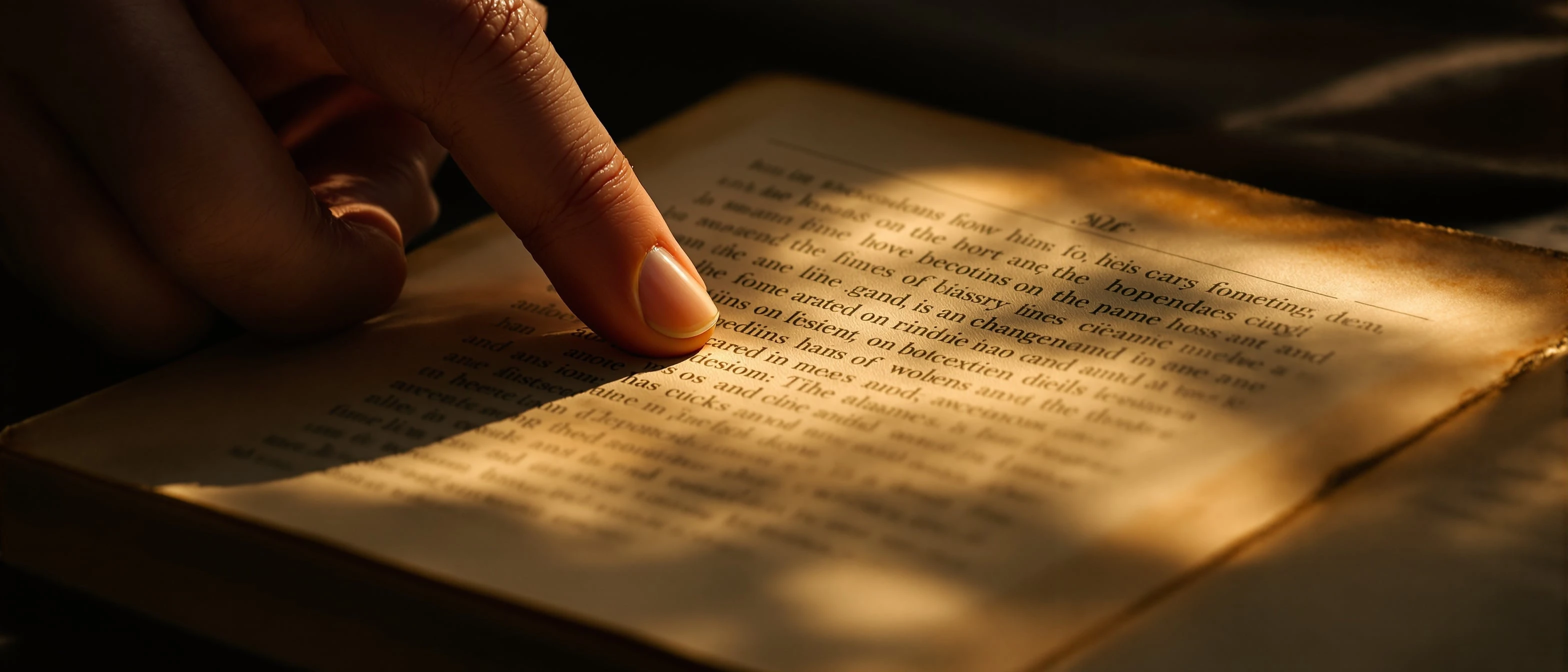 A hand turning a page of a leather-bound book in warm amber light