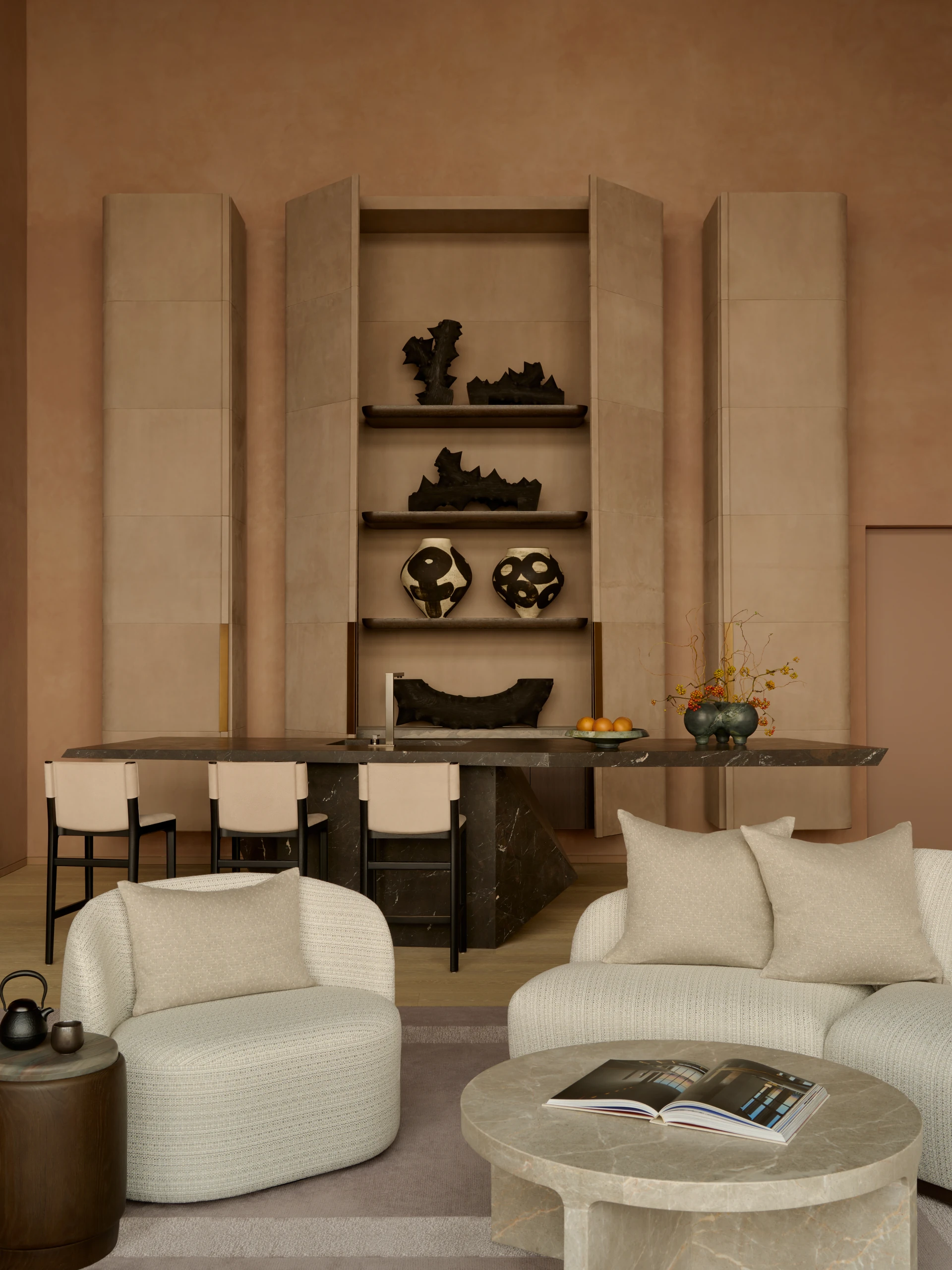 Curated design object on dark marble, carefully lit