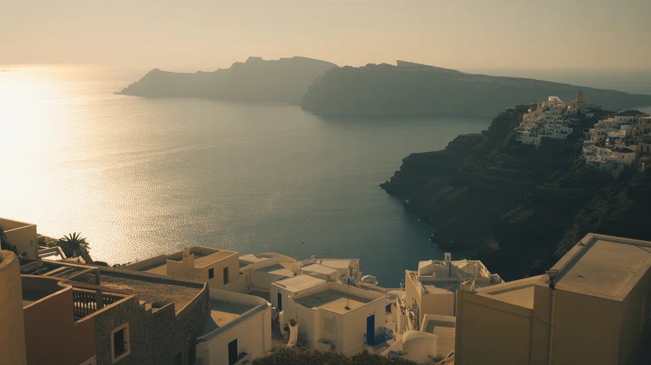Aerial view of Mediterranean coastal village at sunset, whitewashed buildings cascading to turquoise bay