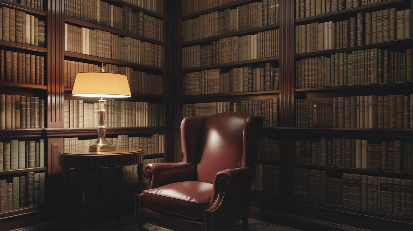 Private library with dark wood shelves, leather-bound books, and warm lamp light