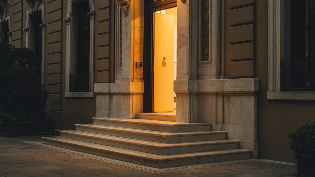 Grand luxury hotel entrance at golden hour, warm amber light spilling onto stone steps