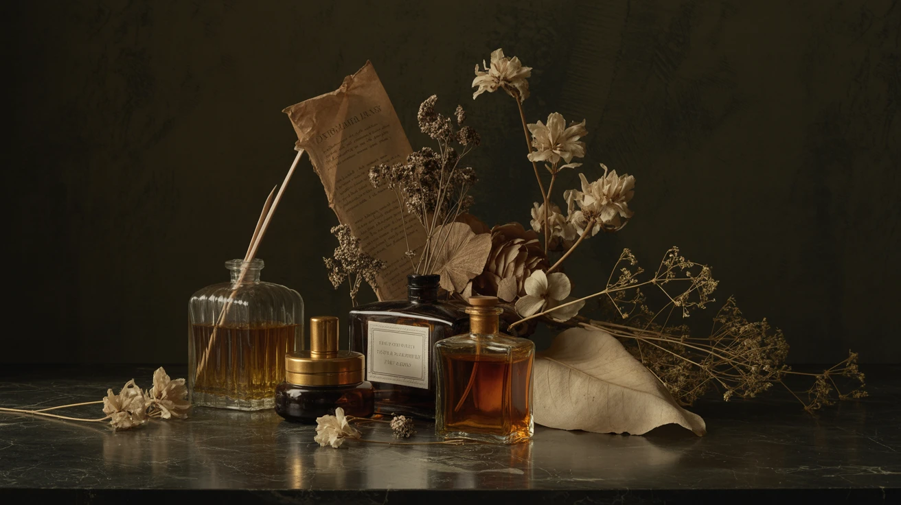 Dutch Golden Age still life with dried botanicals and amber perfume bottles on dark marble