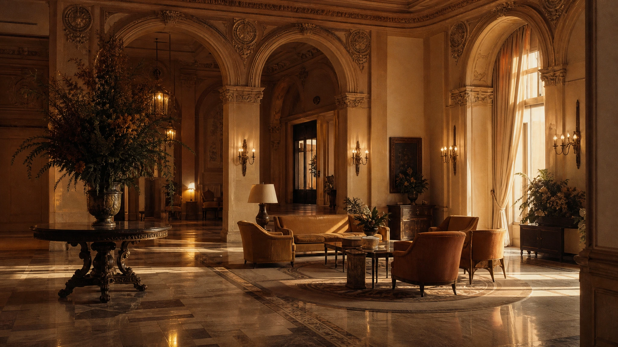 Luxury hotel lobby at dusk, soft ambient light on marble surfaces